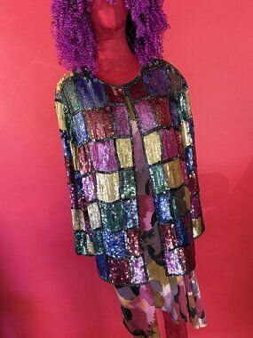 Vintage Rainbow Sequin Patchwork Evening Blazer | 80s/90s Glam